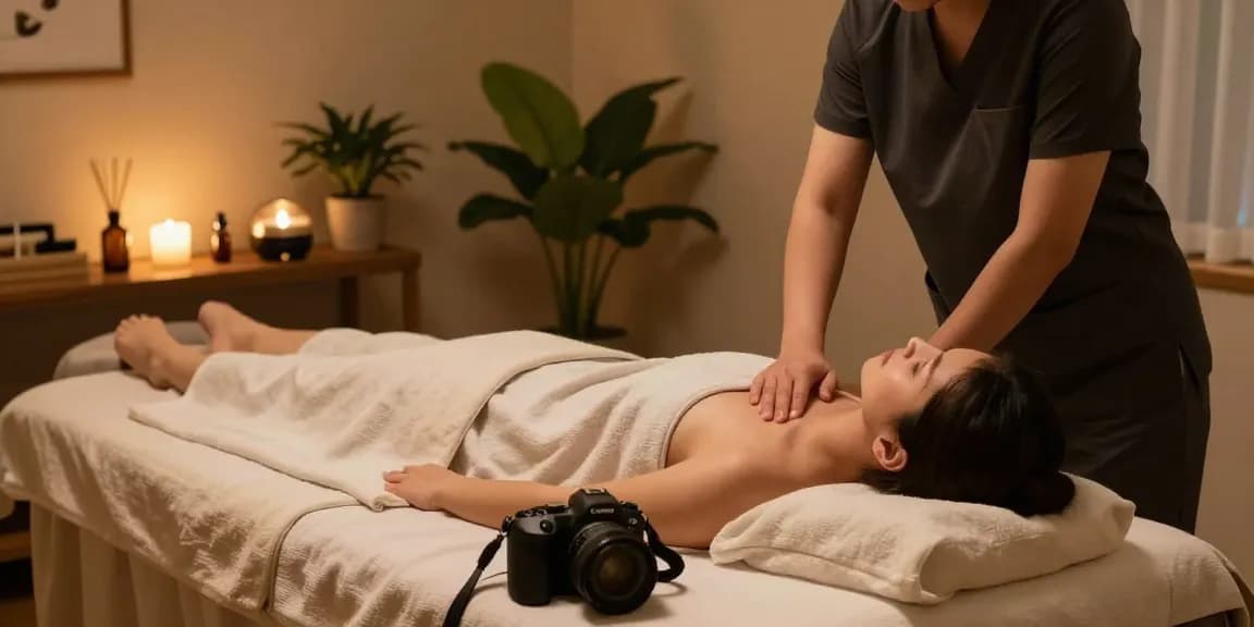 마사지 시술을 위한 아로마 오일과 린넨을 준비하는 마사지 스튜디오의 따뜻한 분위기
