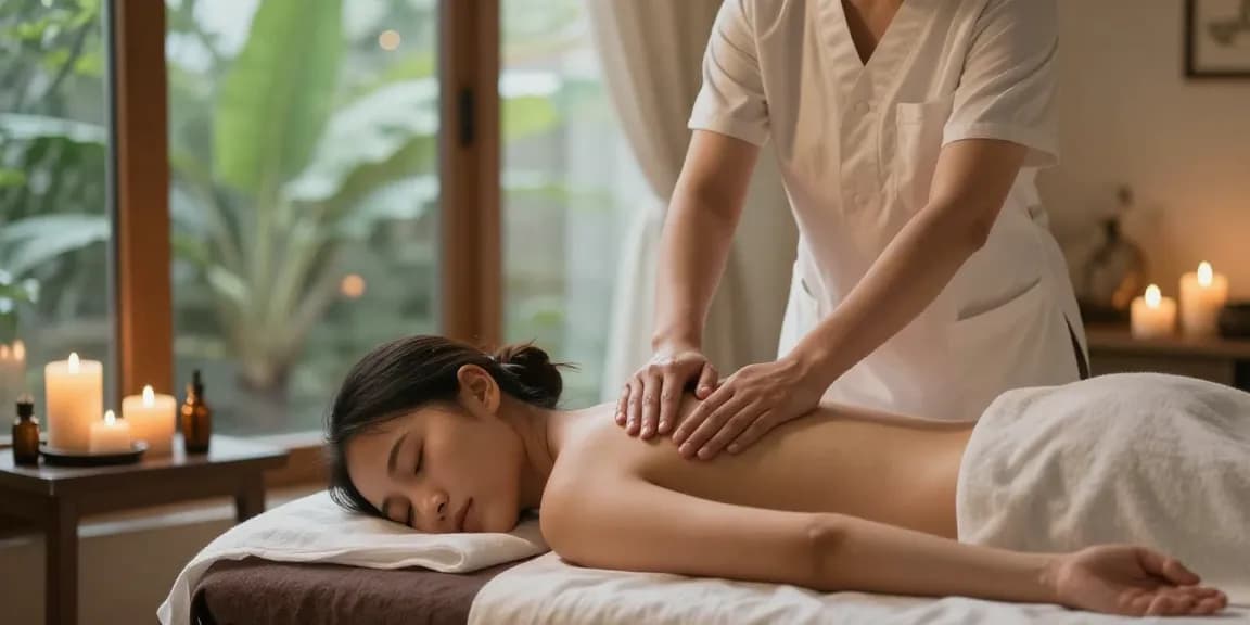 마사지 치료 중인 모습, 아로마 오일과 촛불이 놓인 고요한 스파 환경