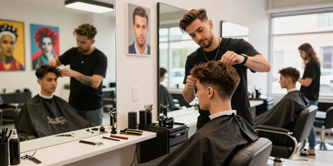 Stylish barber giving a haircut at ROKOK88, showcasing modern grooming