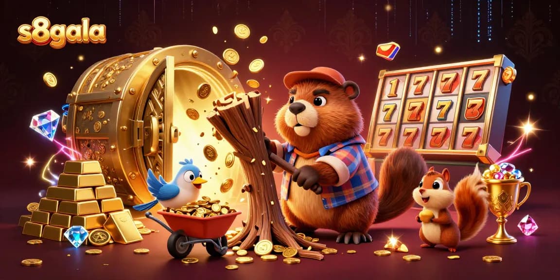 S8gala transports players to a colorful casino world, featuring a lumberjack beaver and friends collecting golden coins from a magical tree.