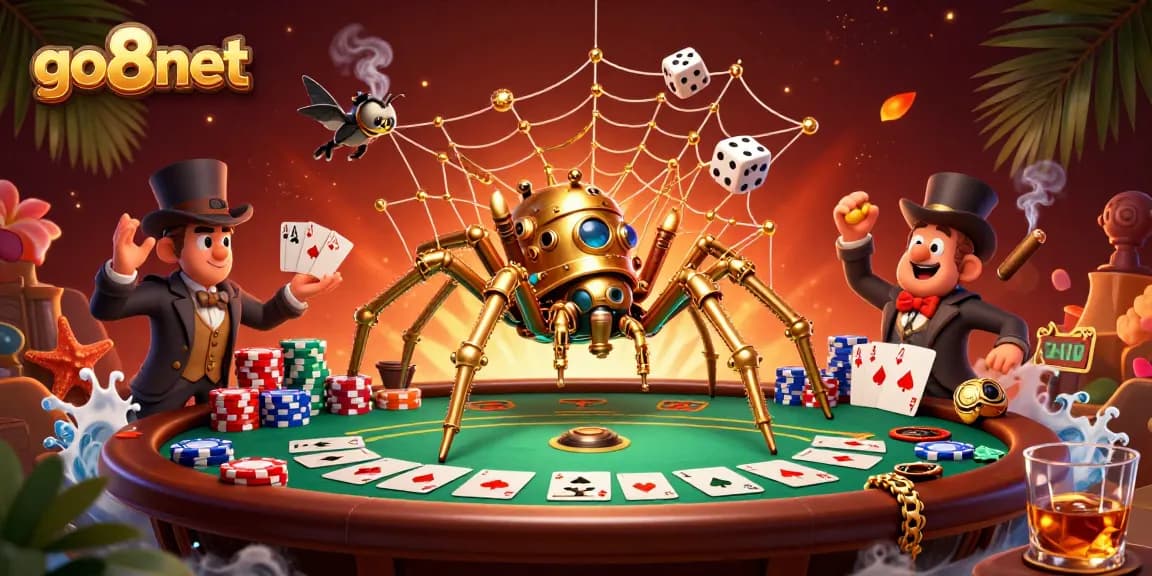 Win big at go8net with a whimsical steampunk spider webbing golden chains and poker chips.
