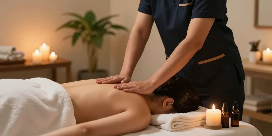 출장마사지로 편안함을 느끼는 고객과 프로 마사지사, 아늑한 분위기에서 힐링을 경험하는 장면