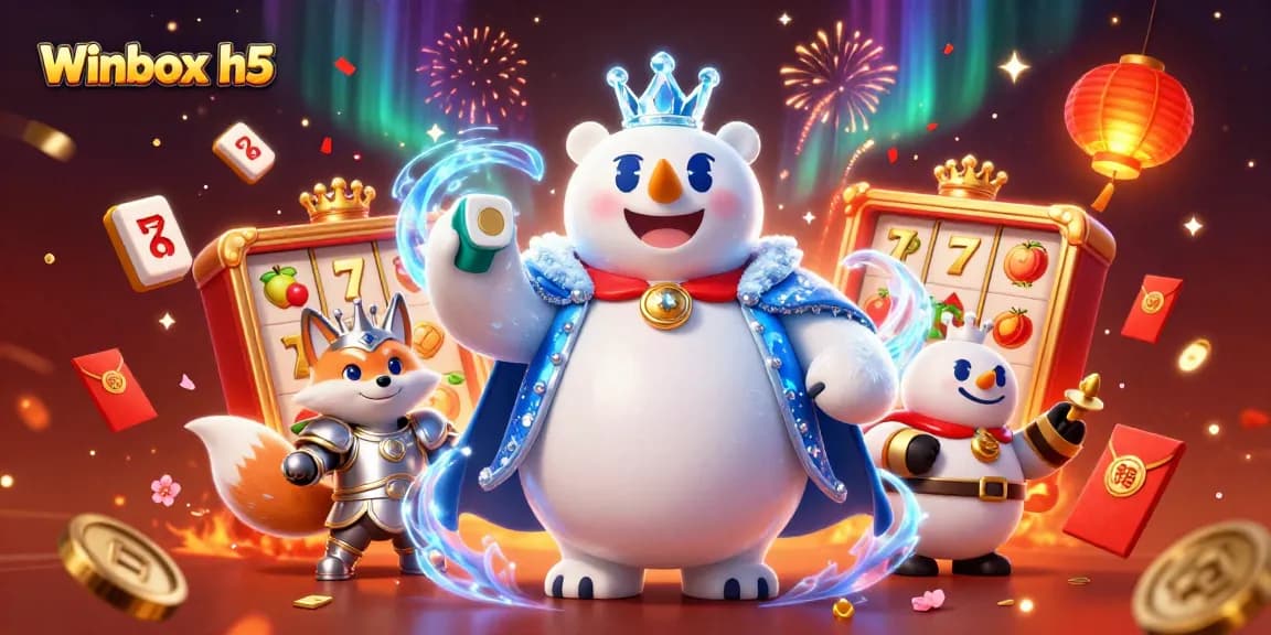 Engage with the Winbox h5 experience, enjoying slots and vibrant celebrations through a richly detailed 3D illustration.