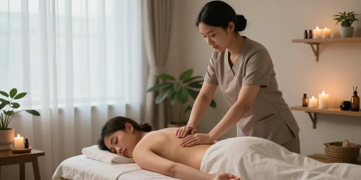 구로출장안마를 위한 편안한 마사지 치료 환경에서 마사지 치료사가 고객에게 리락싱 마사지를 제공하는 모습