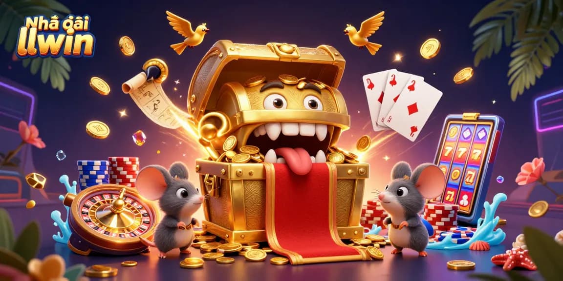 Engage in gaming excitement with Nhà cái llwin amidst golden treasures and vibrant casino elements.