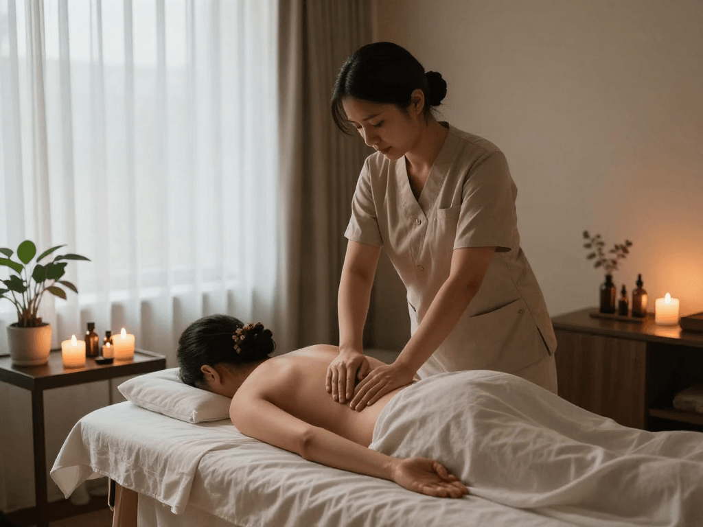 동작구출장마사지 session in a tranquil spa environment with soft lighting and essential oils.