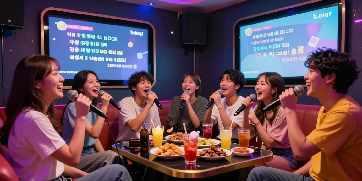 강남가라오케 프라이빗룸에서 친구들과 함께 즐거운 노래 시간을 갖고 있는 모습