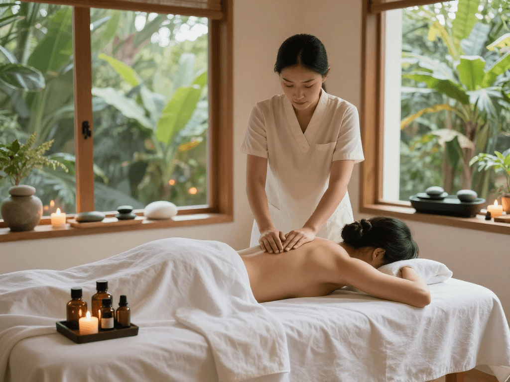 Enjoying a soothing 출장마사지 in a peaceful spa setting with aromatic candles and natural light.