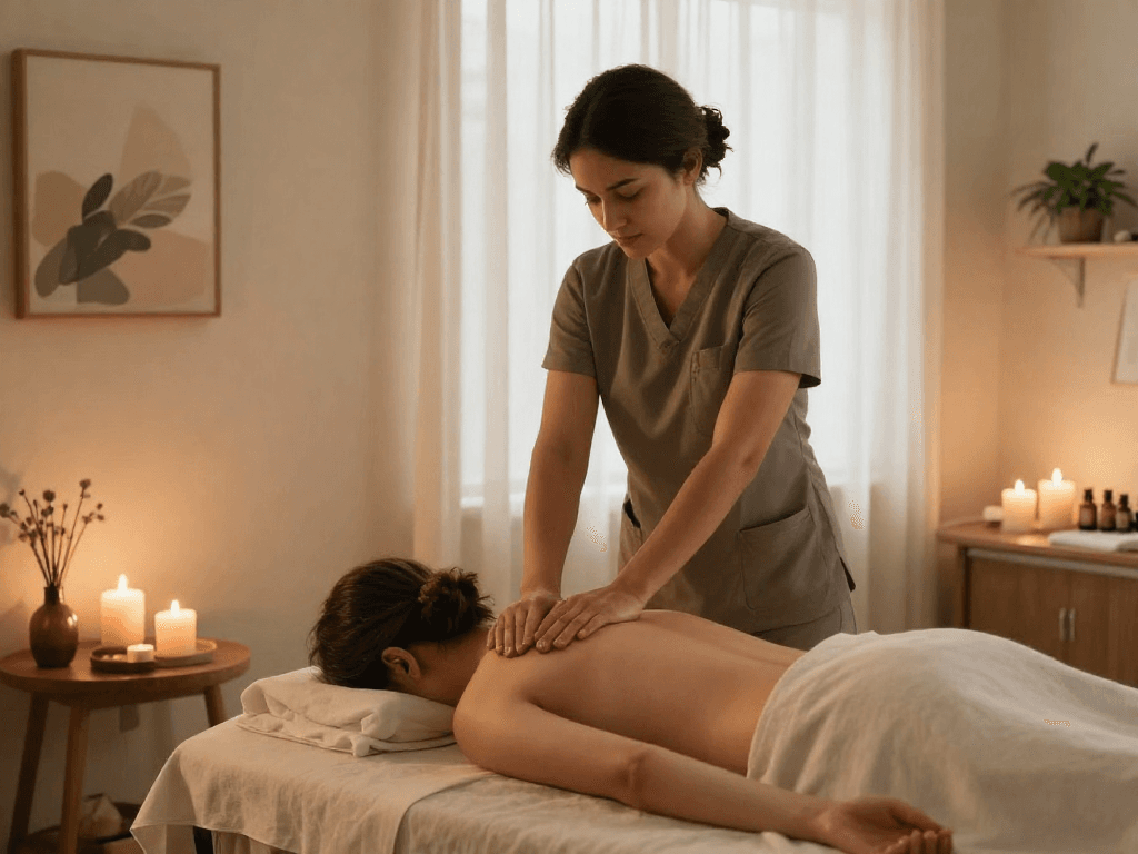 Professional 서대문출장안마 session in a tranquil wellness center, showcasing soothing techniques and calming atmosphere.