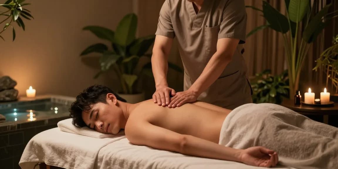 전주마사지 전문 남성 마사지 테라피 장면, 아로마 오일과 촛불이 있는 편안한 분위기