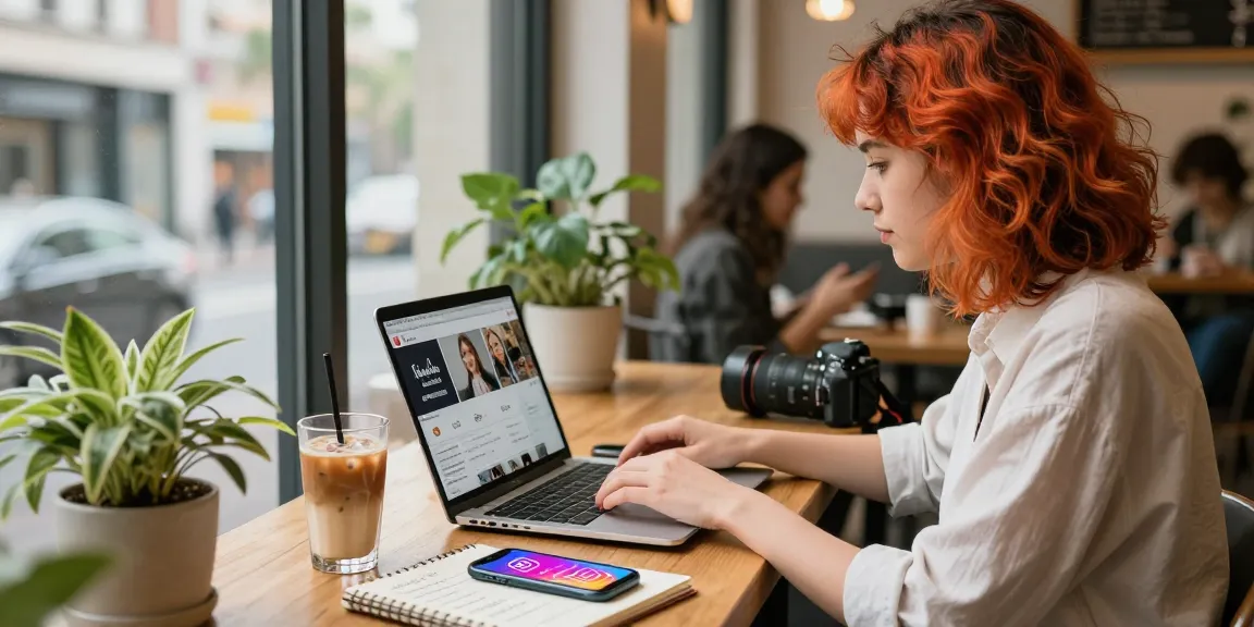 インスタフォロワー購入を検討している若い女性がカフェでアイデアを練っているシーン