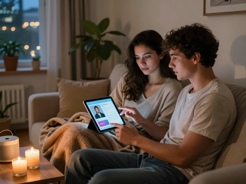 Couple exploring ai sex applications on a tablet in a cozy apartment.
