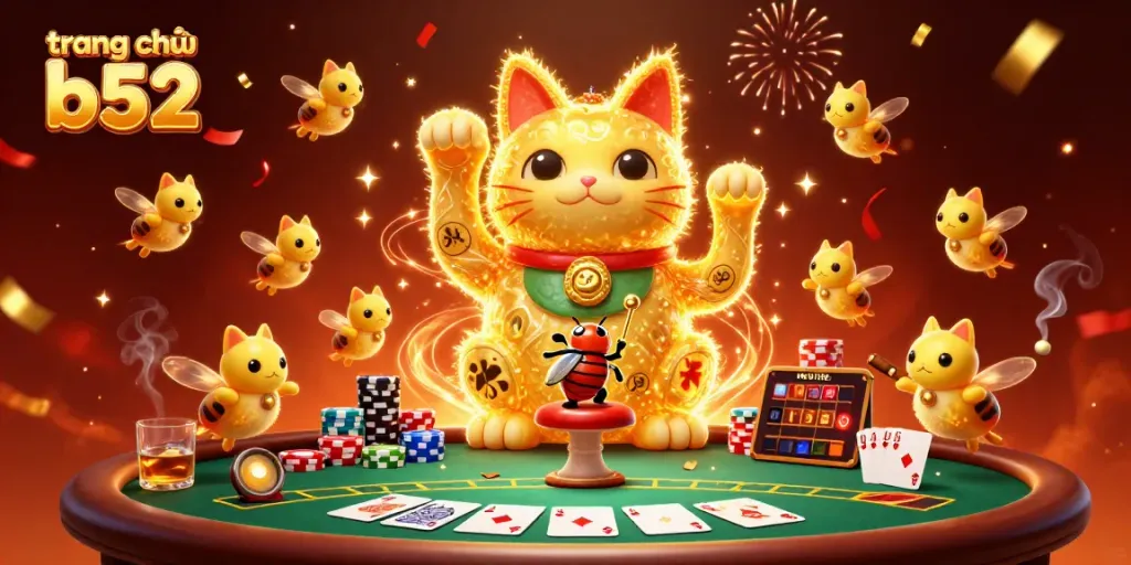 Experience the fun with a vibrant scene at trang chủ b52 featuring a golden lucky cat and poker elements.