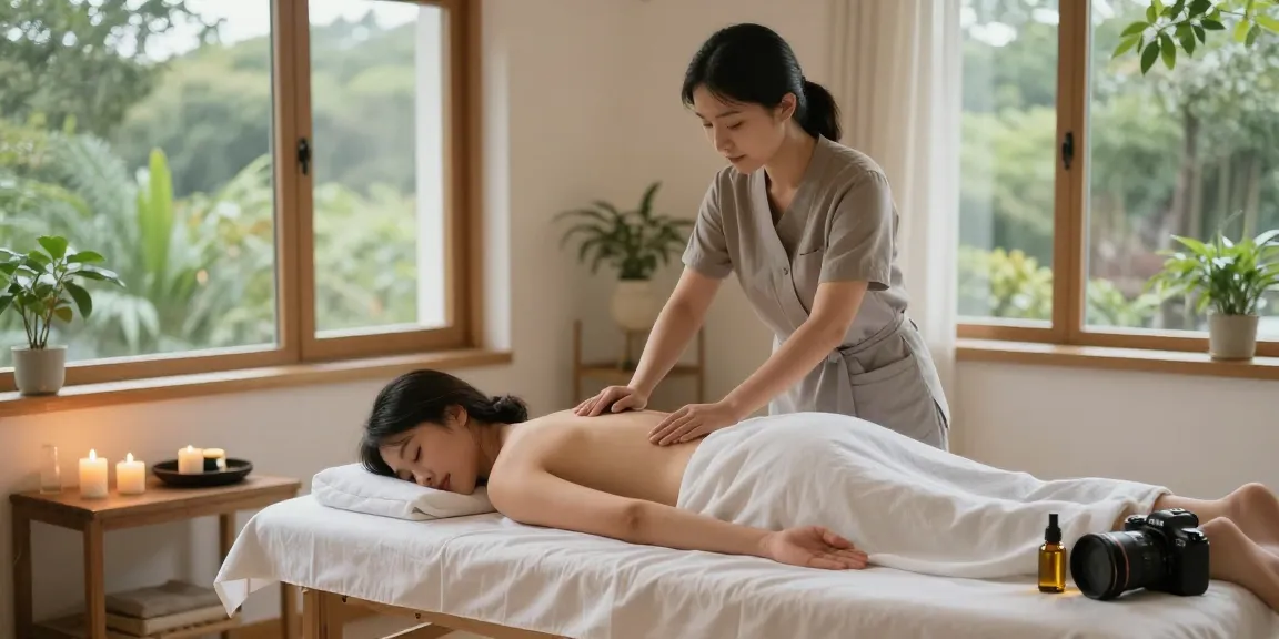 수원마사지 치료를 받는 고객과 아로마 오일을 사용한 마사지 치료사 모습