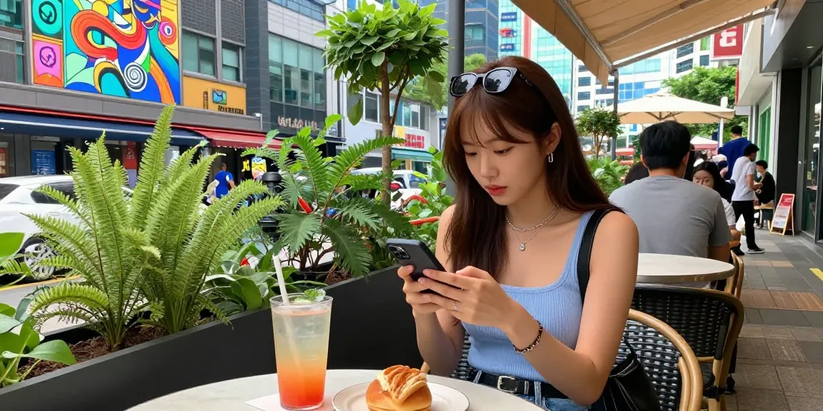 강남 세이렌 지역의 현대적인 카페에서 패셔너블한 여성이 스마트폰을 사용하며 아이스 음료와 디저트를 즐기는 모습