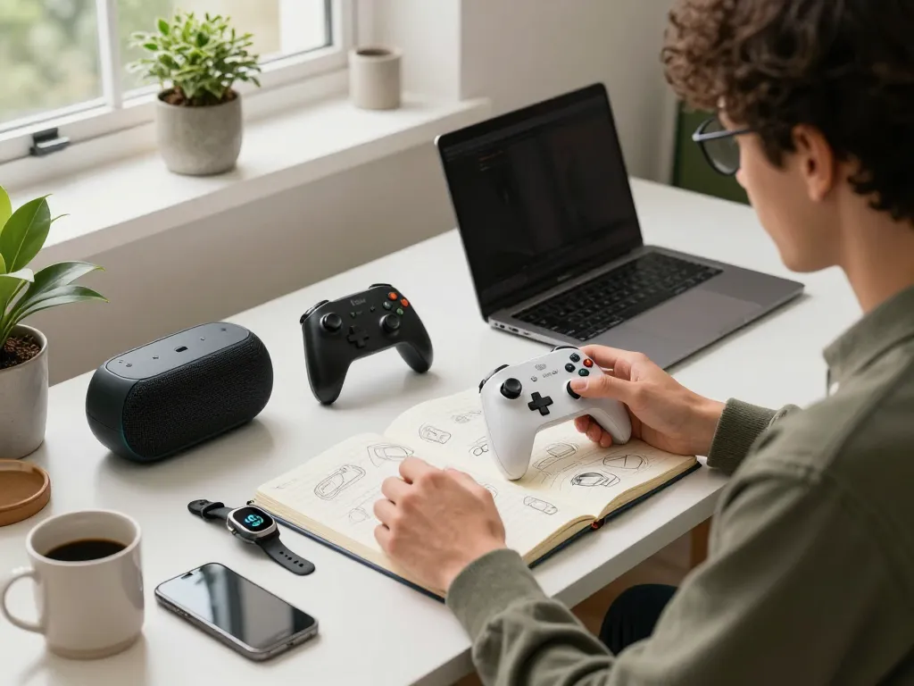 Innovative tech gadgets tested in a modern workspace, featuring bluetooth devices and stylish decor.