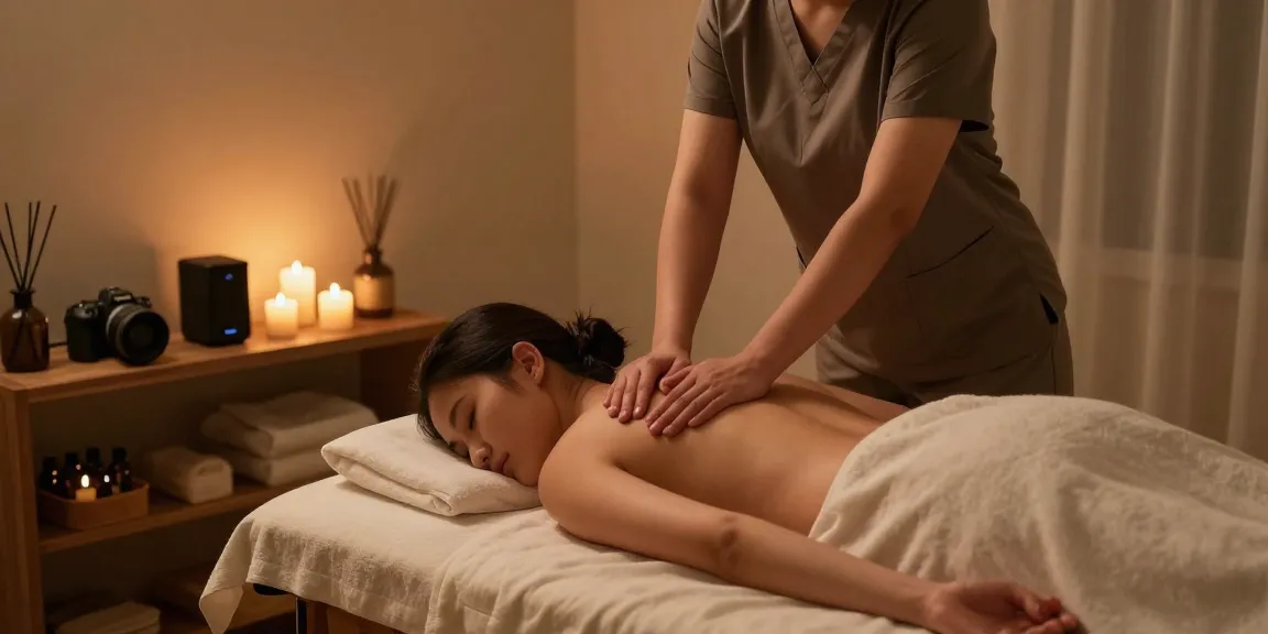 마사지 치료 중인 고객과 전문 마사지사, 아로마 오일과 편안한 분위기 강조