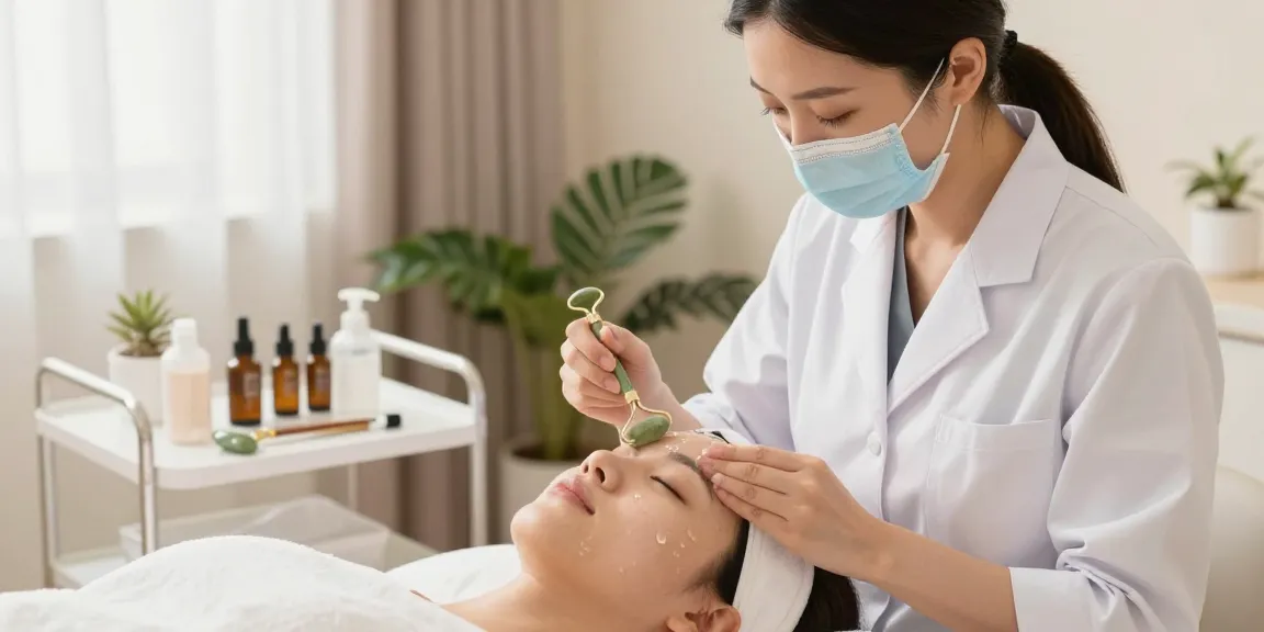 물광필링 치료를 받는 고객과 전문가의 피부과 치료 장면