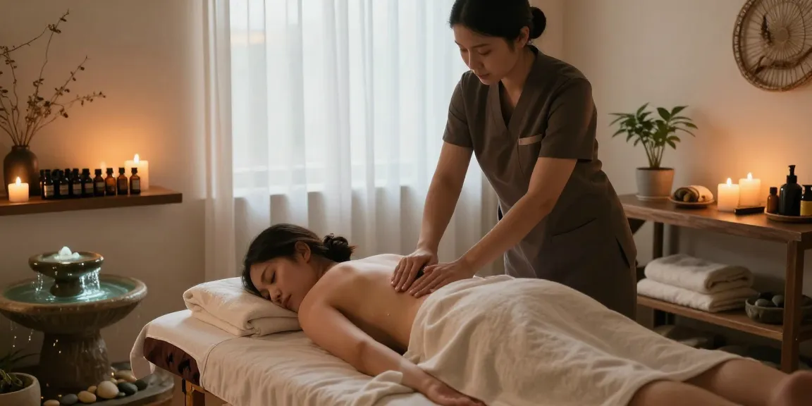 김포출장마사지 중인 스파 마사지 장면, 편안한 분위기와 아로마 테라피가 조화를 이루는 이미지