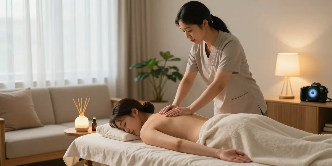 김포출장안마을 위한 아늑한 마사지 장면, 마사지 치료사가 고객에게 편안한 경험을 제공함.