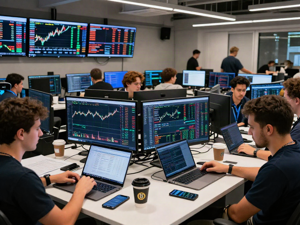 BTC 가격 분석을 위해 여러 화면을 바라보는 다양한 트레이더들이 있는 현대적인 거래소의 모습
