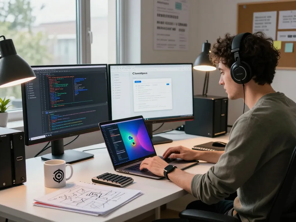 Developer immersed in coding with Clawdbot AI on laptop, showcasing an engaging workspace environment.