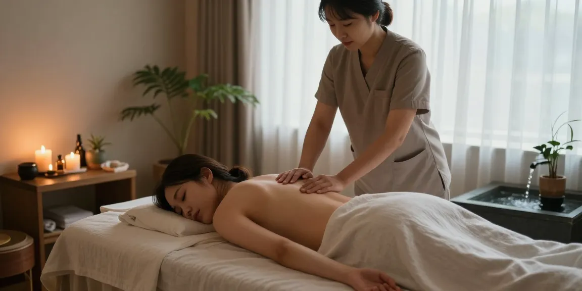 강남여성전용마사지 treatment in a serene spa room, featuring calming elements and a professional therapist.