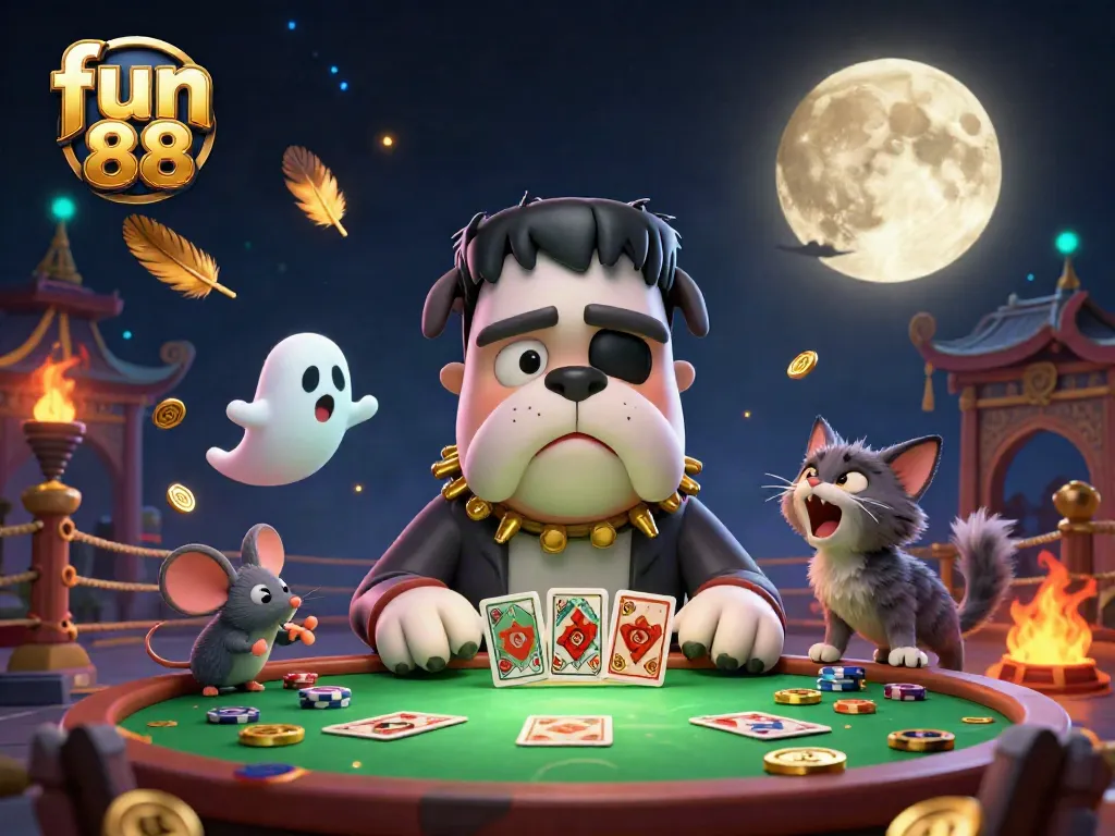 Engage in thrilling fun 88 action with a cartoon bulldog dealer at a spooky casino table.