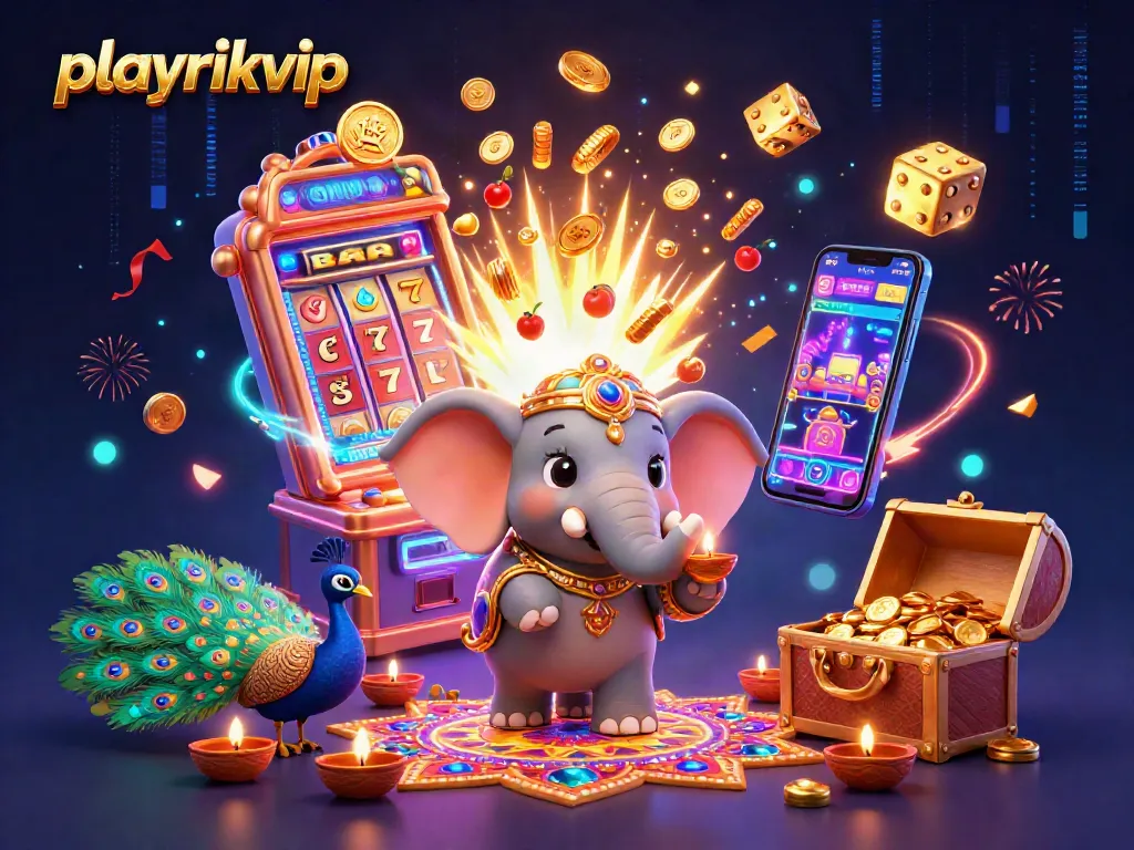 Experience thrilling gaming at playrikvip with vibrant elephants and jackpots exploding amidst colorful casino elements.