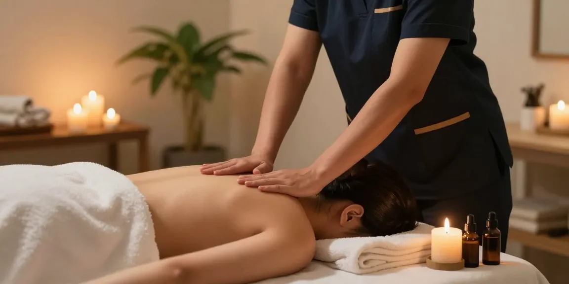 출장마사지로 편안함을 느끼는 고객과 프로 마사지사, 아늑한 분위기에서 힐링을 경험하는 장면