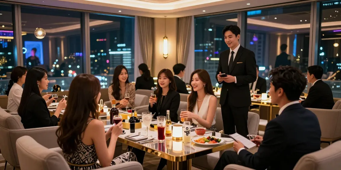 강남 구구단 쩜오의 고급스러운 야경과 프라이빗 룸에서 즐기는 손님들 모습