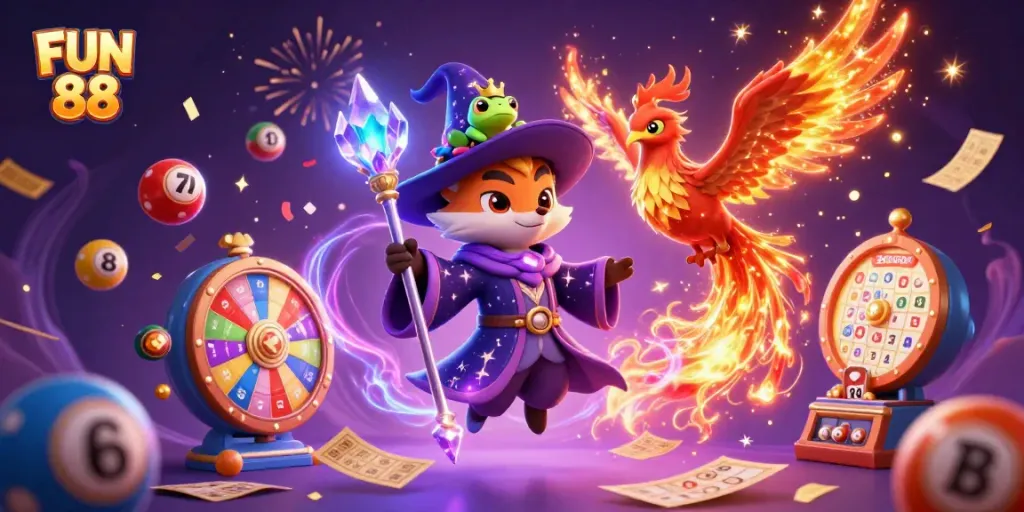 Experience the magic of FUN 88 with an enchanting illustration featuring a wizard fox, phoenix, and dynamic lottery elements.