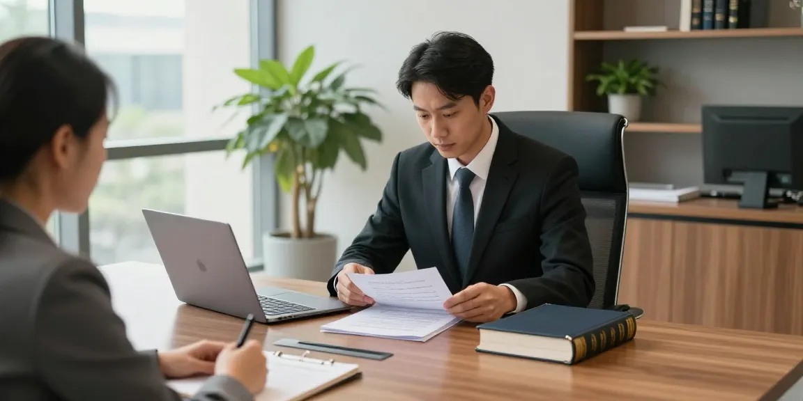 Experienced lawyer consulting with client in modern law office setting.