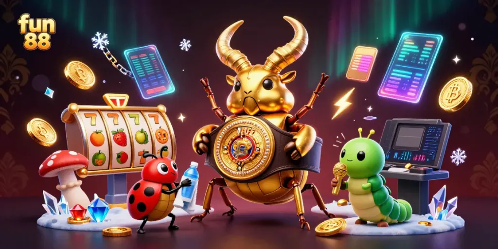 Experience exciting gambling with fun 88 as a giant beetle takes on the ring surrounded by vivid casino symbols.