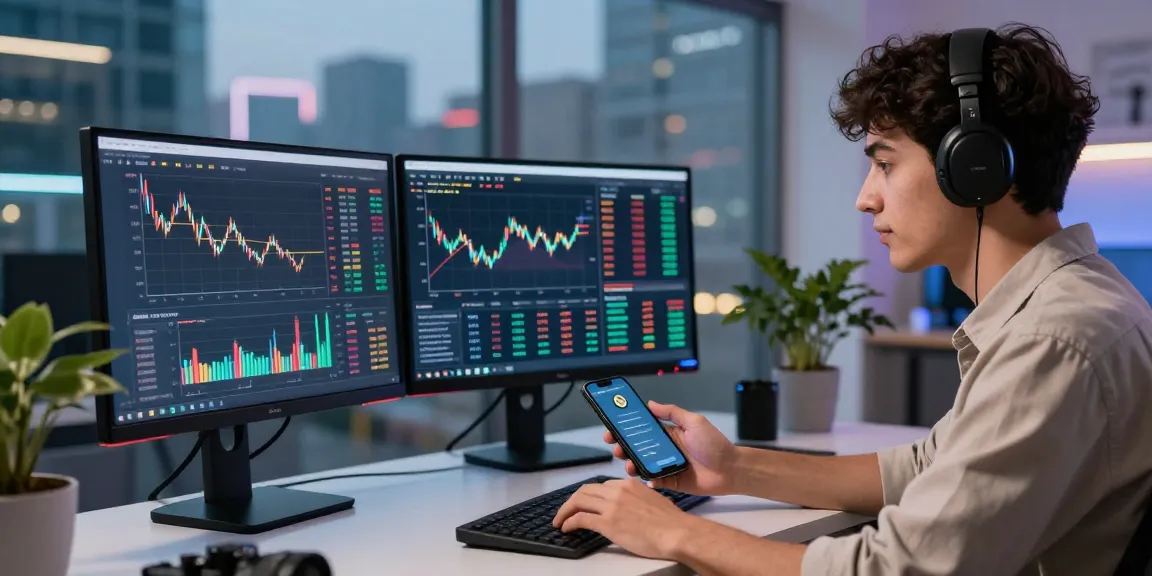 Experience the dynamic world of 업투익스체인지 with real-time cryptocurrency trading on multiple monitors in a modern setting.