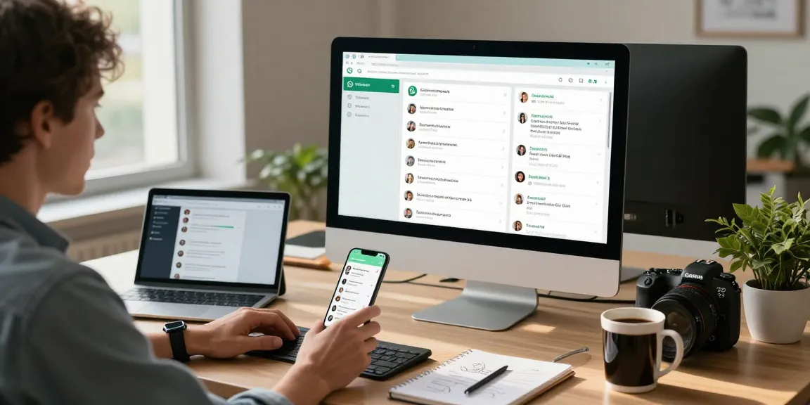 Using WhatsApp網頁版 on a modern workspace with electronic devices and chat conversations.