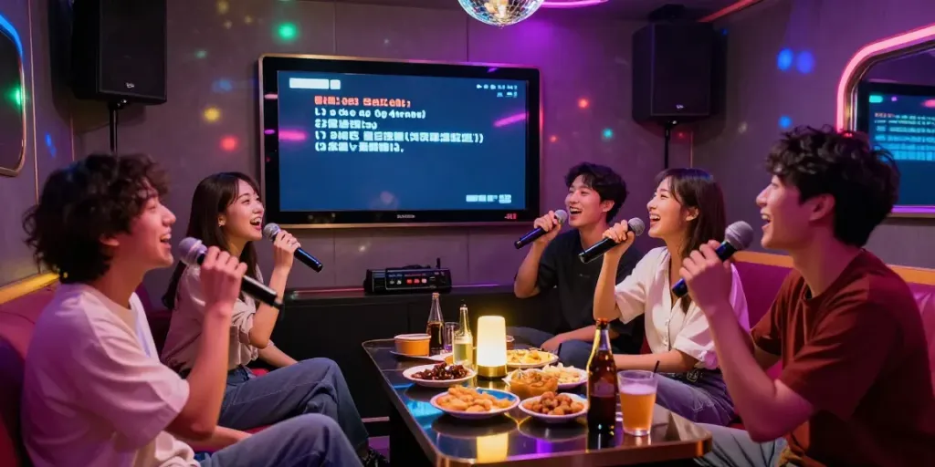 강남도파민에서 친구들과 함께 즐거운 시간 보내는 모습의 가라오케 룸
