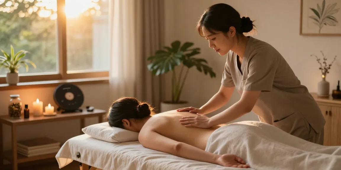 Client enjoying an 오산출장마사지 in a calming home spa setting with warm light.