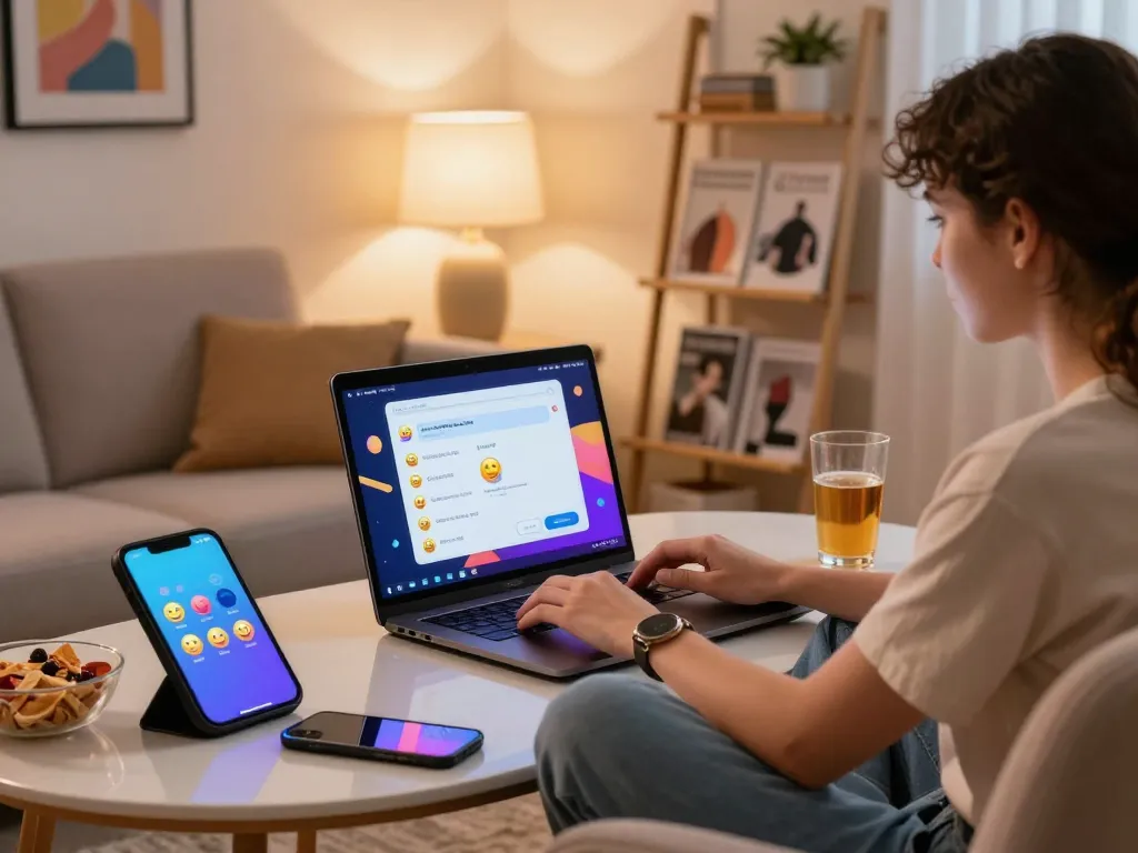 Engaging user interacting with nsfw chat bot on laptop in a cozy living room setting.