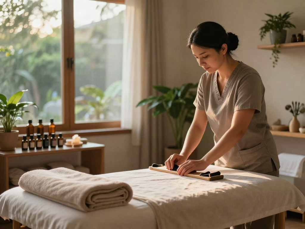 강동구출장마사지 professional massage setup with soothing ambiance and calming elements, creating a serene atmosphere for clients.