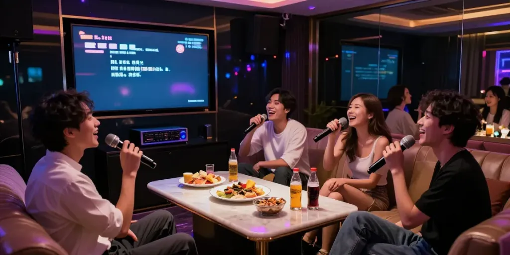 강남달토에서 즐거운 시간을 보내는 친구들, 고급 가라오케 방과 다양한 안주와 음료가 어우러진 모습