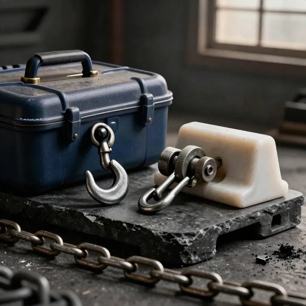 야간 물류 장비인 cargo seal, 도크 훅, 스트랩 텐셔너, 팔레트 코너 가드가 돌 위에 놓인 정물
