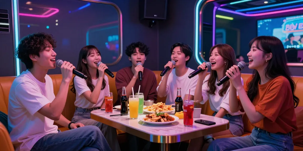 강남가라오케에서 친구들과 즐거운 시간을 보내는 모습과 화려한 조명이 있는 프라이빗 룸의 생생한 장면