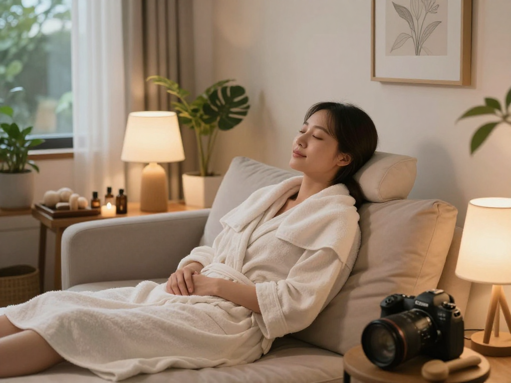 Relaxed young woman enjoying the benefits of 파주출장안마 in cozy home ambiance.