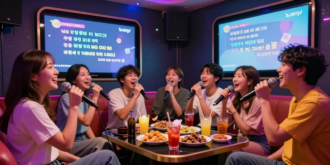 강남가라오케 프라이빗룸에서 친구들과 함께 즐거운 노래 시간을 갖고 있는 모습