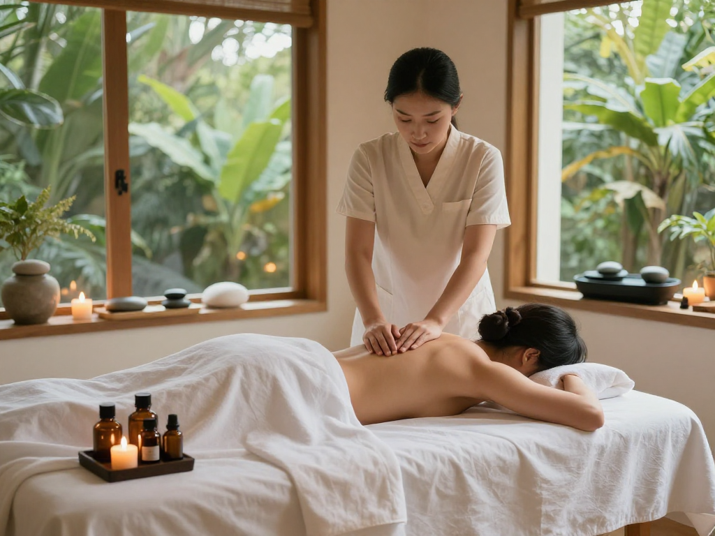 Enjoying a soothing 출장마사지 in a peaceful spa setting with aromatic candles and natural light.