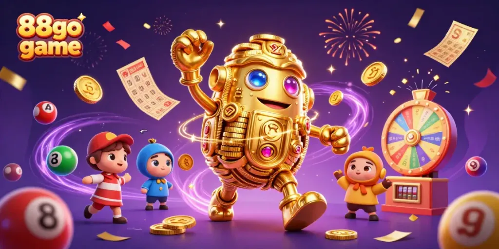Spin and win with 88go game, featuring an animated golden golem amidst lottery excitement.