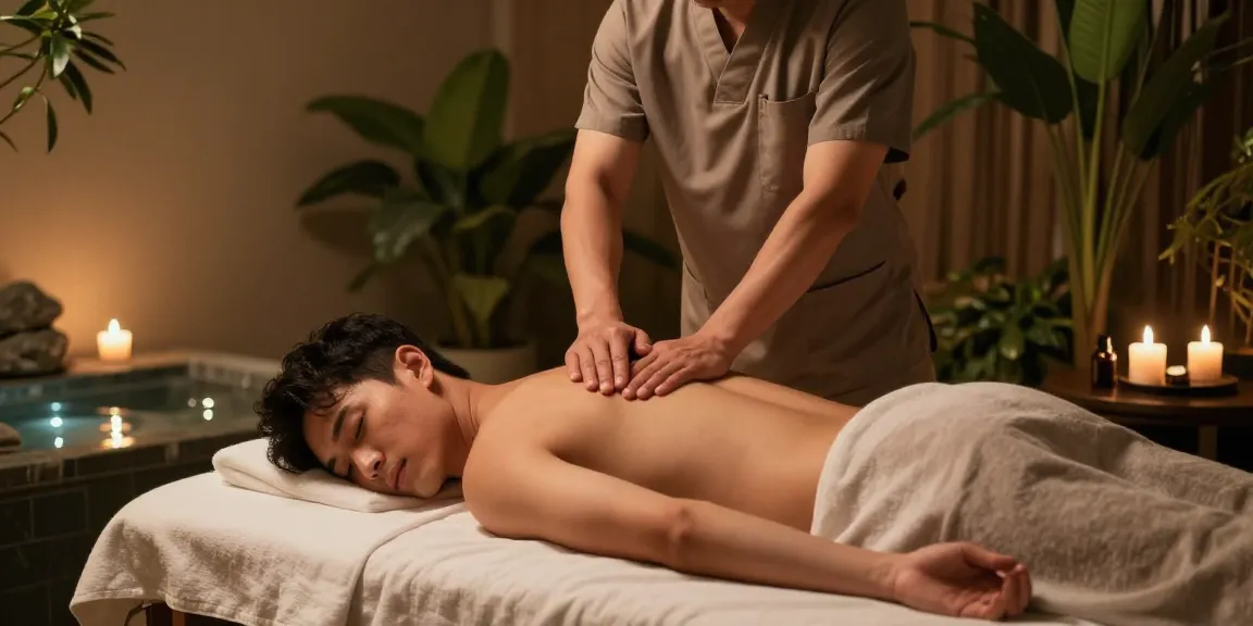 전주마사지 전문 남성 마사지 테라피 장면, 아로마 오일과 촛불이 있는 편안한 분위기