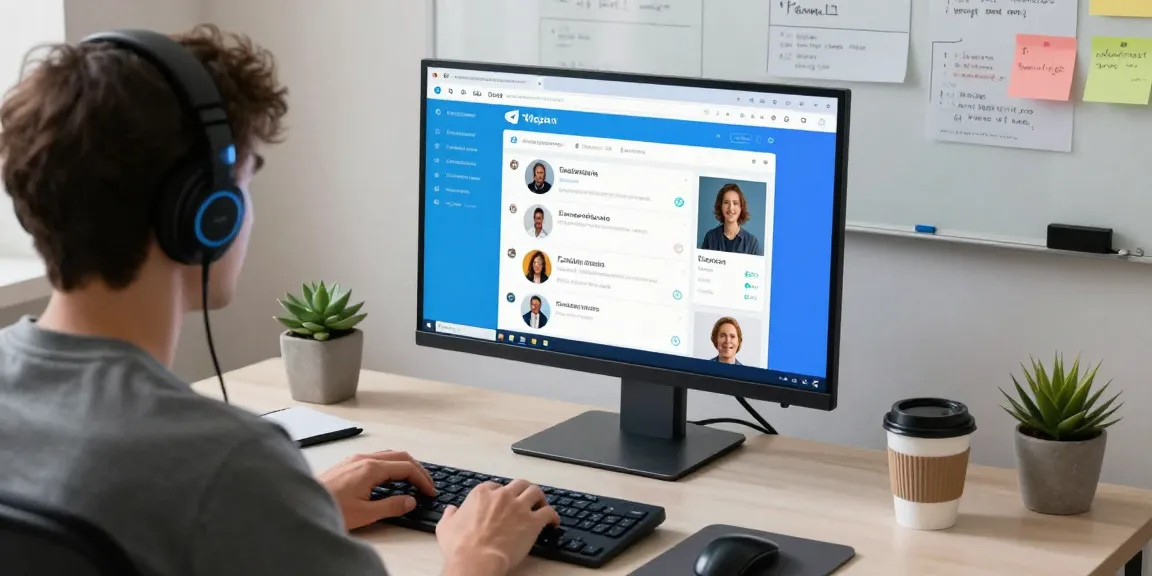 Person using Telegram web version in a modern workspace, engaging in digital communication.