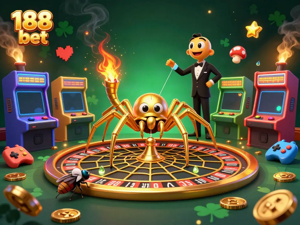 Place bets with excitement at 188 bet in this vibrant 3D casino scene filled with game elements.